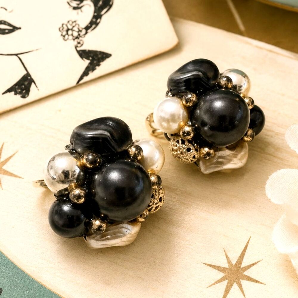 Vintage Mid Century Brown Cream Gold Bead Cluster Clip On Earrings